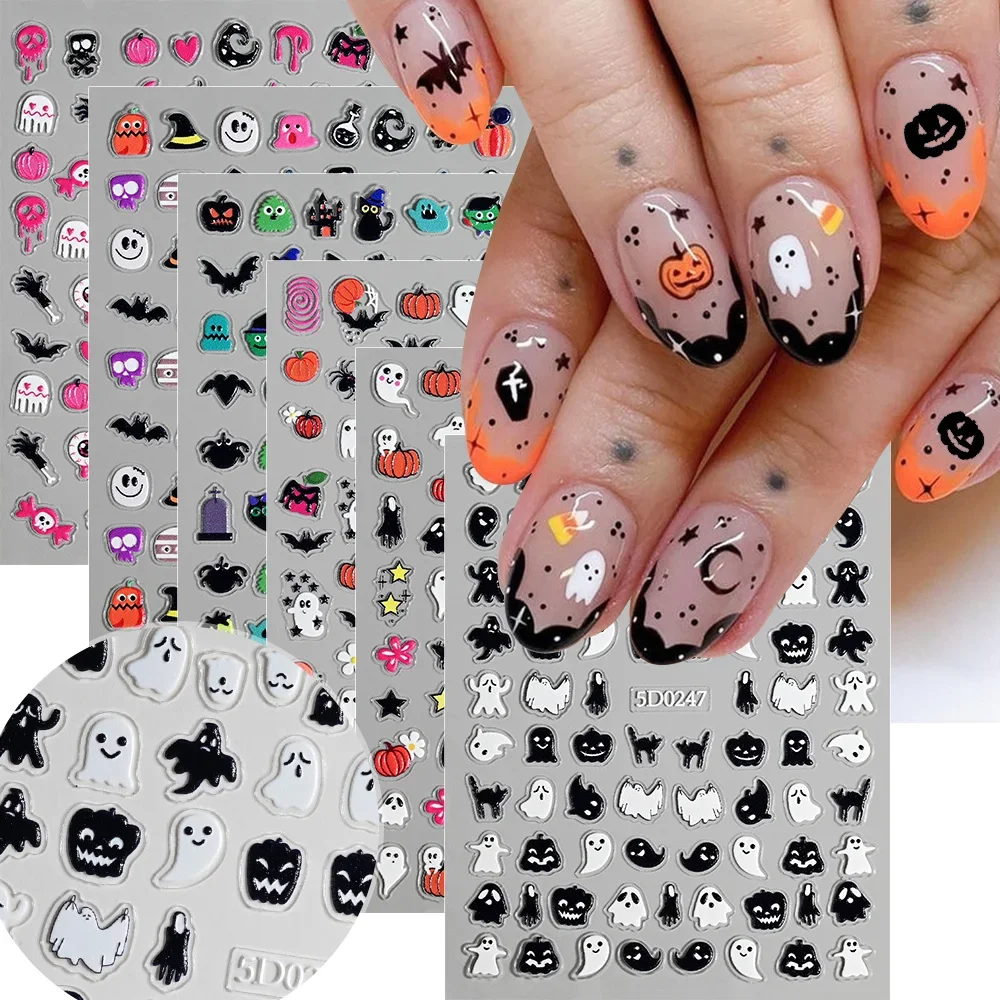 Nail Art - 1 Blatt 5D Halloween-Nagelsticker, rosa/grün/schwarz, Cartoon-Muster,
