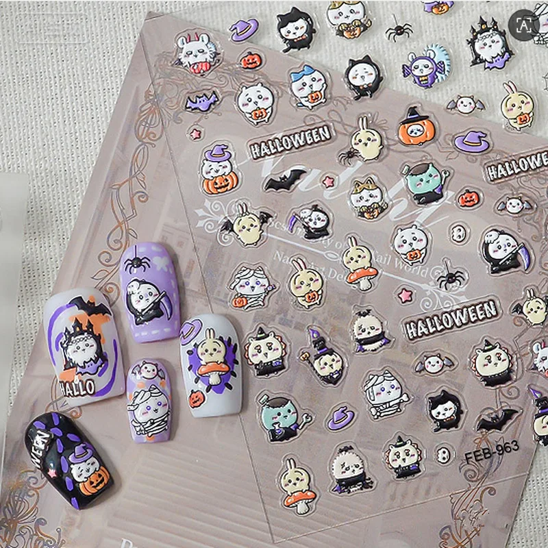 Nail Art - Neue Chiikawa 5D-geprägte Nagelaufkleber, niedliche Cartoon-Halloween-Stern-Schnellrestaurant-Motive,